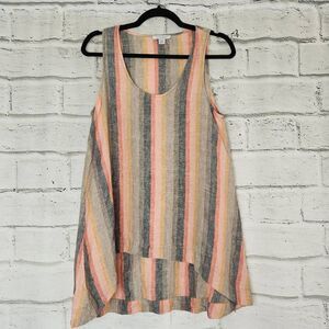 Pure Navy Sleeveless 100% Linen High Low Striped Summer Tank Top Size Small
